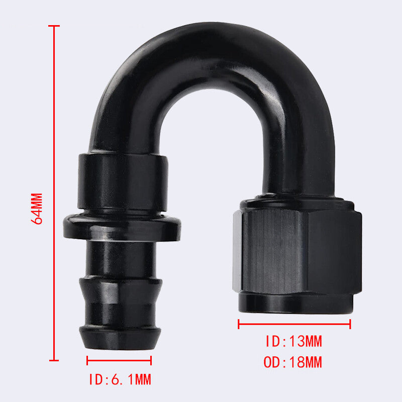 6AN AN6 180 Degree Push-On Hose End Fittings/Adapters Push Lock Barb Black