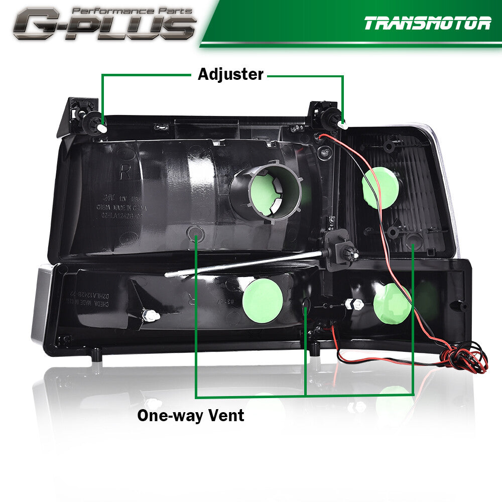 Headlights suitable for 1992-1996 for Ford F150, F250, and F350 with dual LED DRLs and chrome bumper lights.