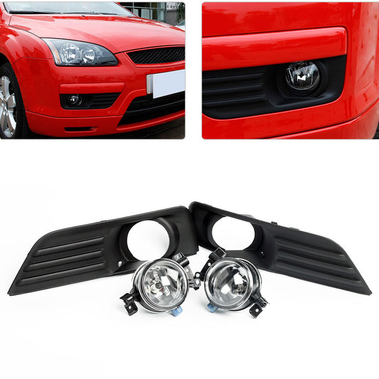 L+R Front Bumper Fog Lights Cover Grille + Lamp Set for Ford Focus 2005-2007