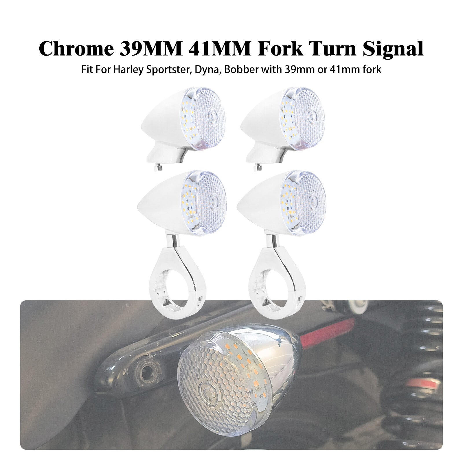4x Chrome Front Rear LED Turn Signal Light 39 41mm Fork w/ Clear Lens for Harley