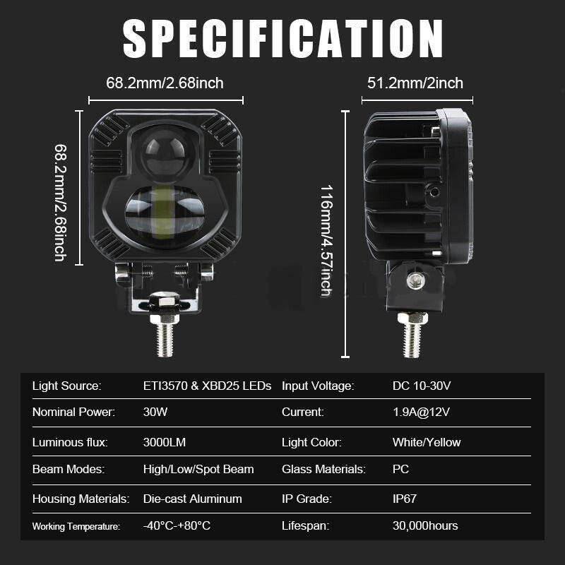 1X LED Work Light Headlight Off Road White Amber Hi-Low Driving Fog Spot ATV UTV