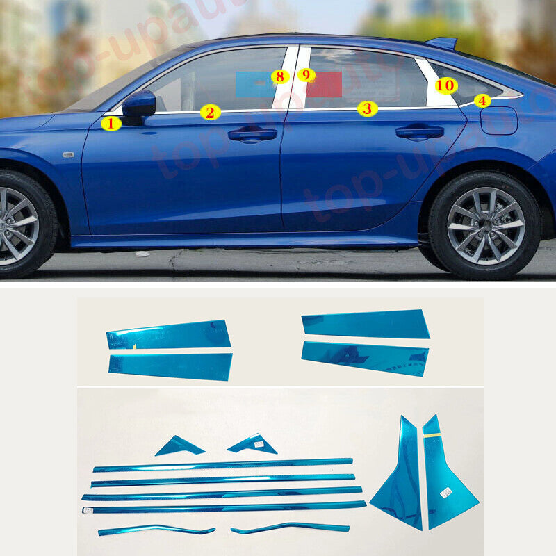 for Honda for Civic 2022-2023 Chrome bottom+Pillar Window Molding Strip Cover Trim