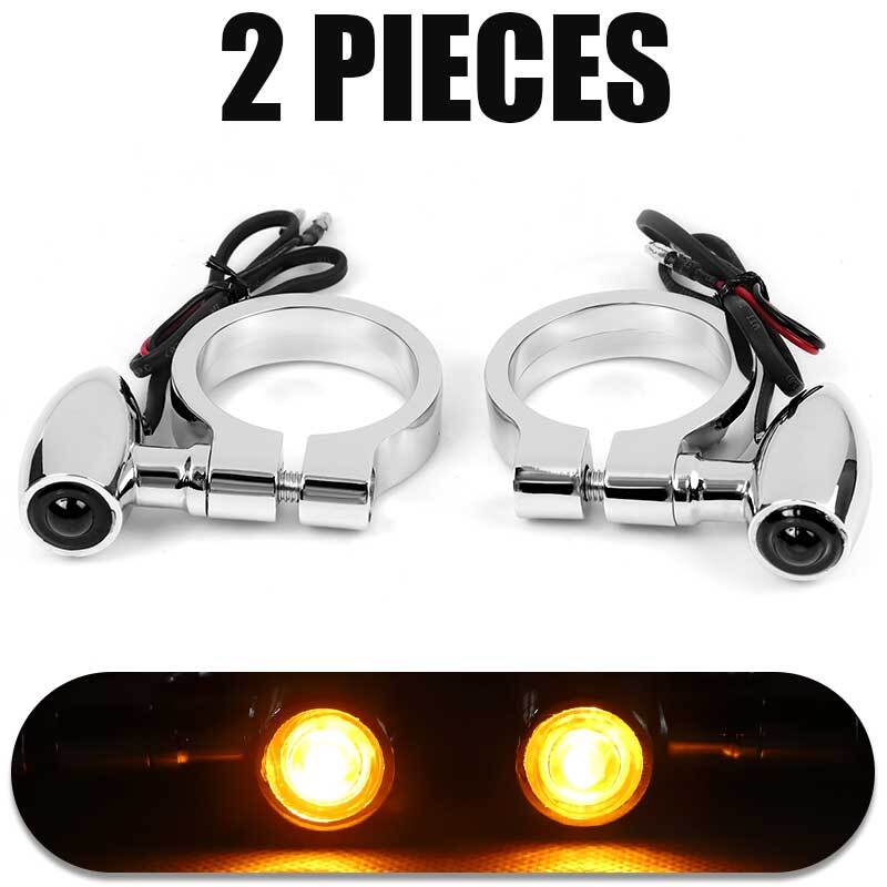 2x Chrome Motorcycle LED Turn Signal Light 41mm Front Fork Indicator Amber Lamp