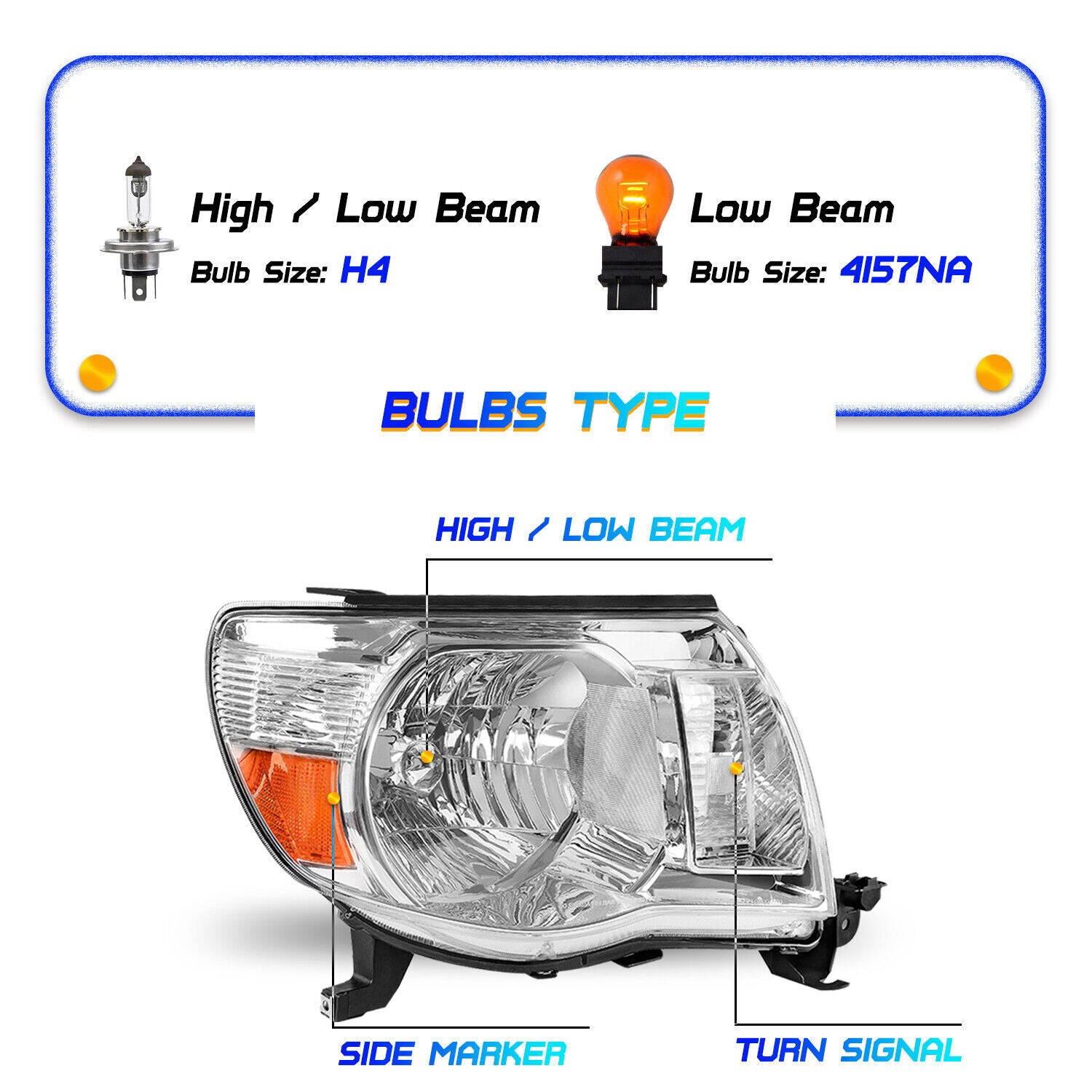 For 2005-2011 for Toyota Tacoma Chrome Headlights Assembly Amber Corner Lamps Pair