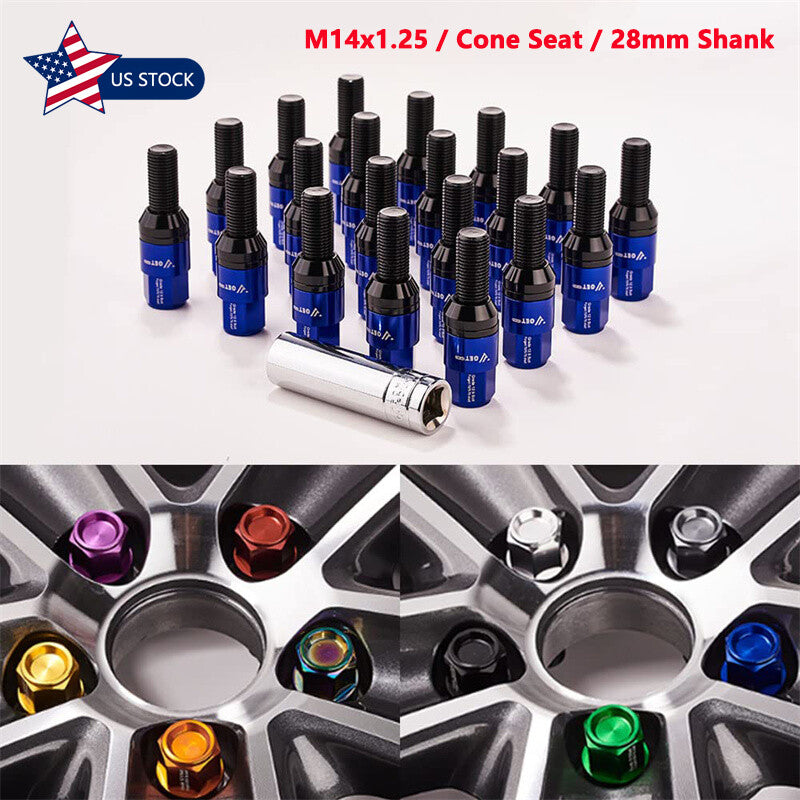 20PCS M14x1.25 Blue Wheel Lug Bolts 28mm Shank Cone for Seat Forged Stud Set for BMW