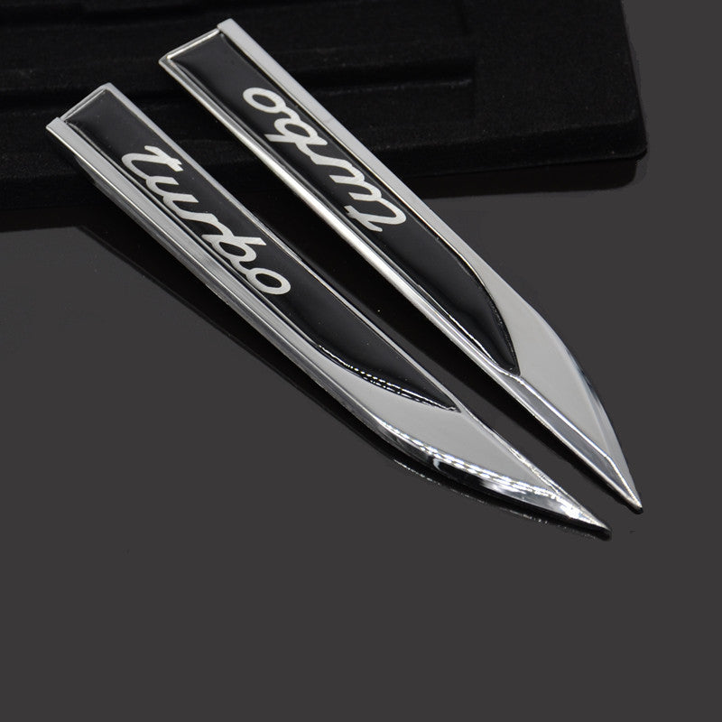2 Pcs Black TURBO Logo Car Blade Dagger Sticker Metal Emblem Body Fender Badge