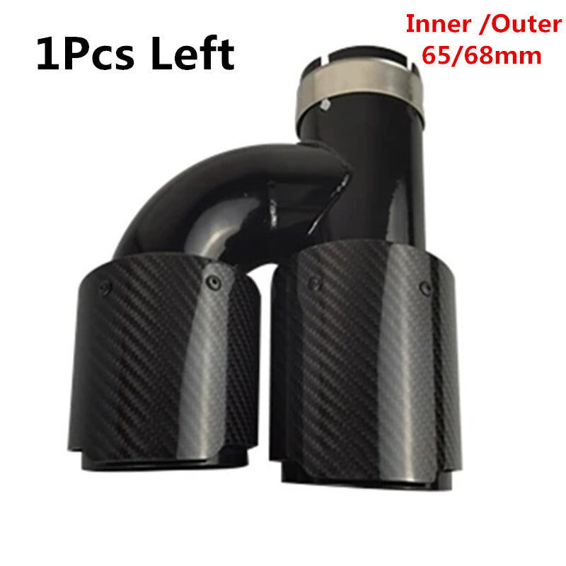 1Pc 65mm Car Left All Black Glossy Carbon Fiber Exhaust Pipe H Rear Exhaust Tip