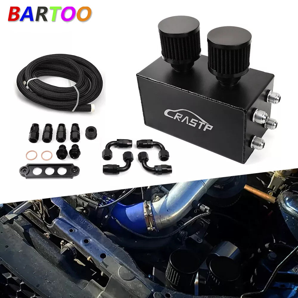 AN10 Oil Catch Can Reservoir Tank w Dual Breather Filter Baffled Tank Kit 4 Port
