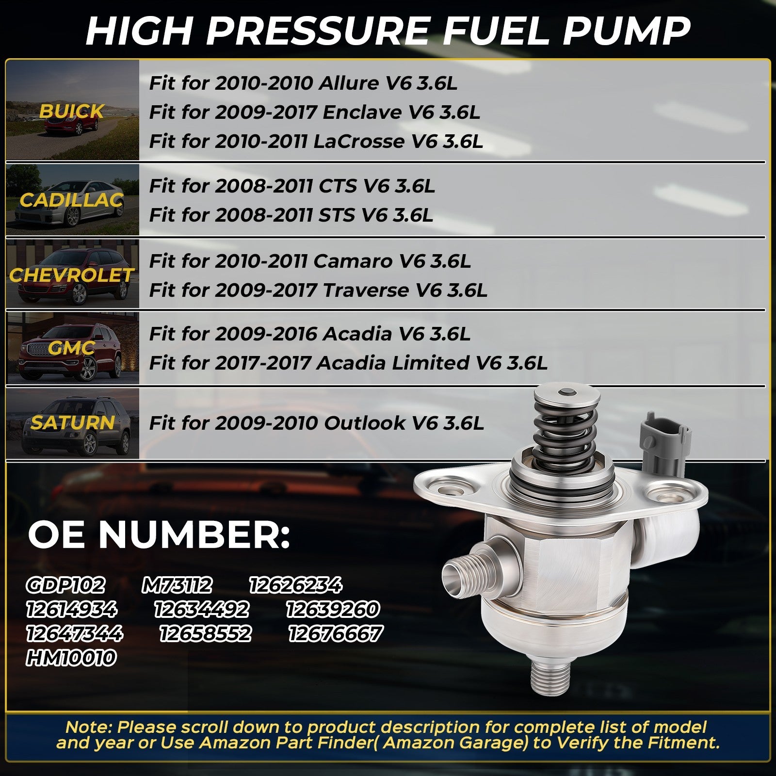 HM10010 High Pressure Fuel Pump for Buick Enclave for Chevy Traverse 3.6L 12614934