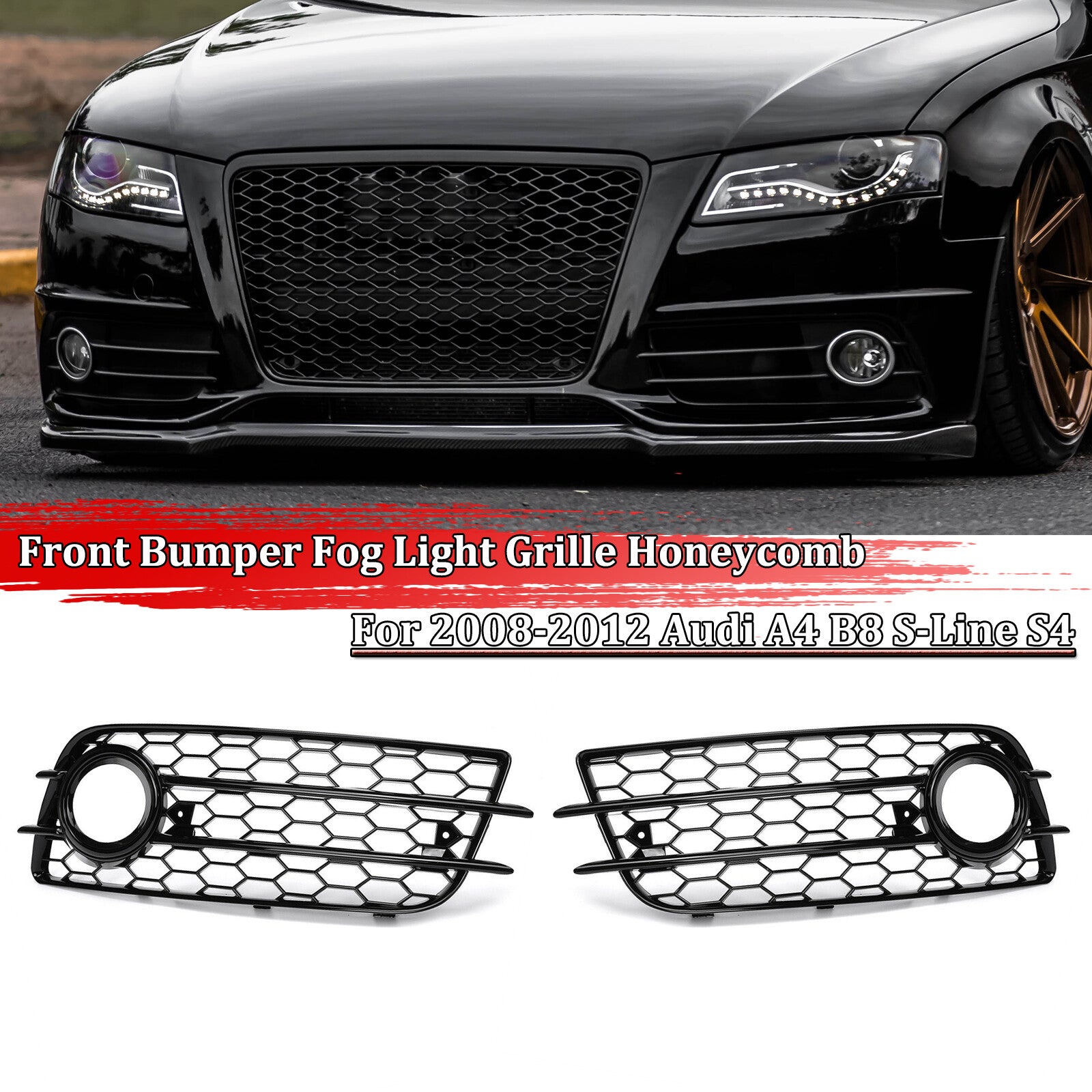 A pair of HONEYCOMB fog light protectors for the grille bumper of the for Audi A4 B8 S Series S4 2008 - 2012.