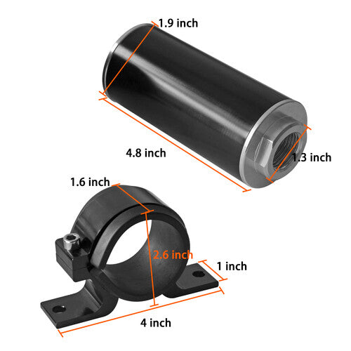 Aluminum straight-through fuel filter with support, cleans up to 100 microns, suitable for AN6, AN8, AN10