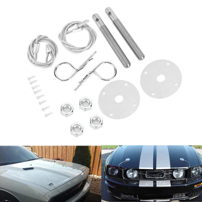 Chrome Car Racing Style Aluminum alloy Mount Hood Pin Plate Bonnet Lock Kit