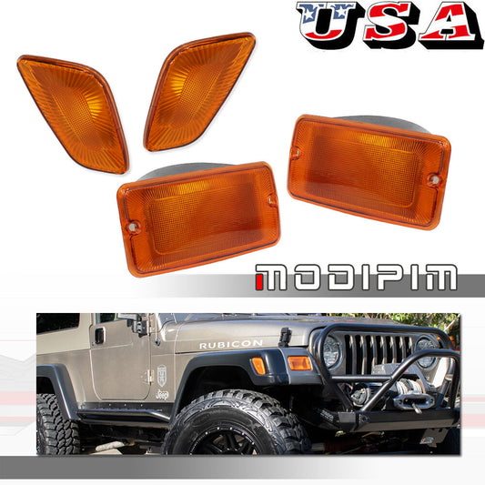 4-Piece Amber Bumper Signal Lights + Mudguard Side Marker Lights for Jeep for Wrangler TJ 1997-2006