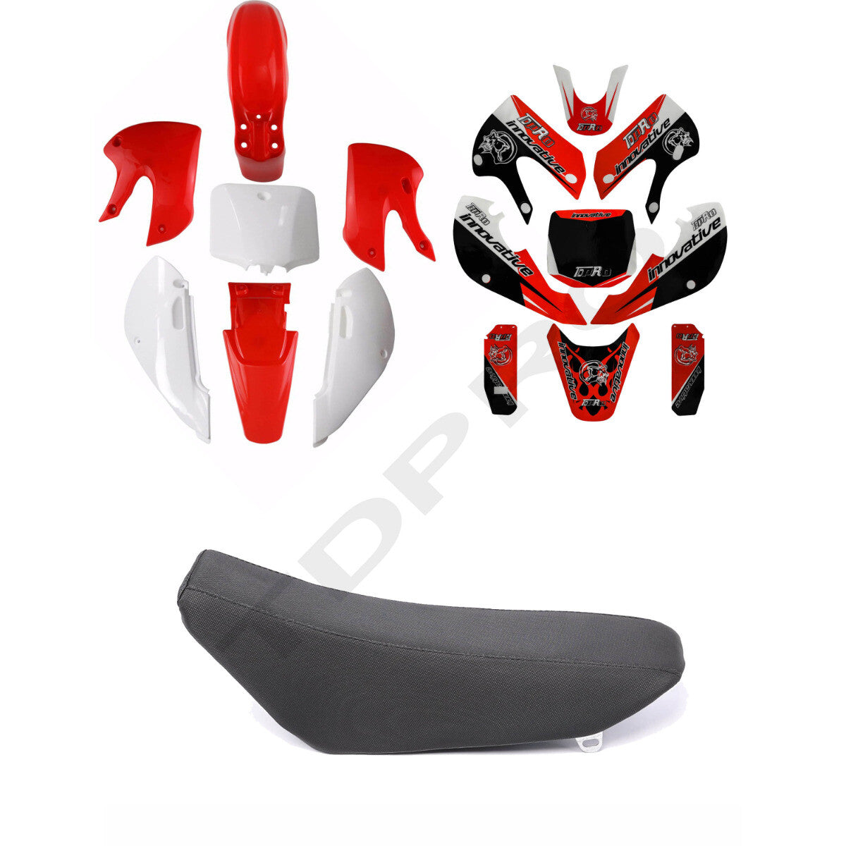 Plastic mudguard stickers and decals for Kawasaki KLX110, KX65, and for Suzuki DRZ110 dirt.