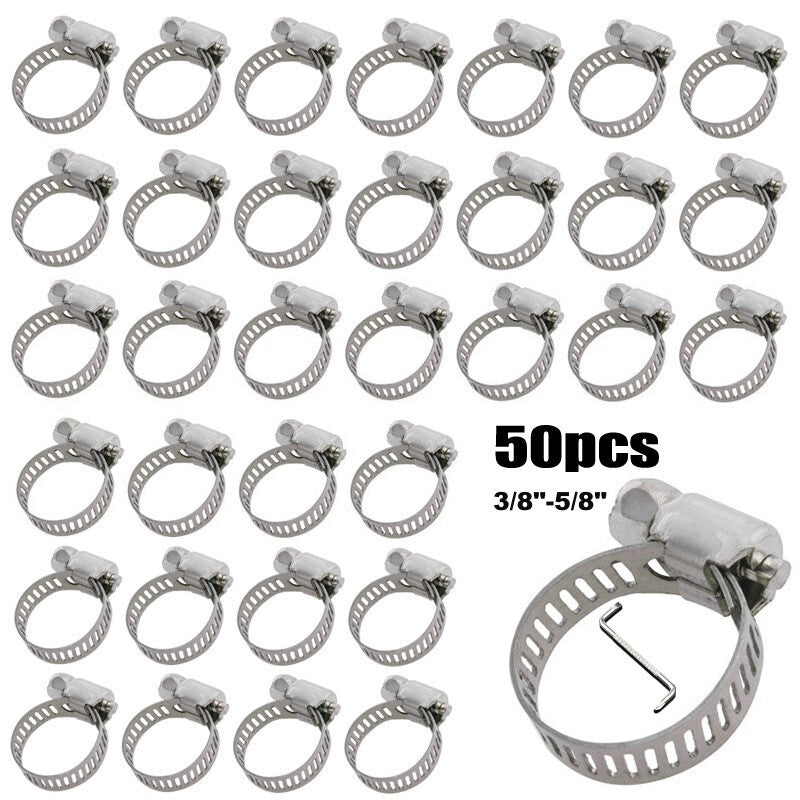 50-pack 3/8 inch - 5/8 inch Adjustable S304 Drive Hose Clamps, Fuel Line Worm Clamps, Hose Clamps