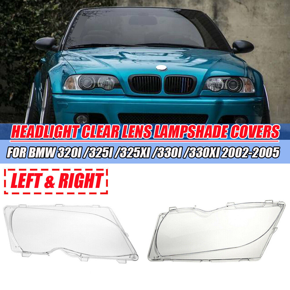 pair of headlight protective lens covers for BMW 3 Series E46 2002-2005 4D pre-replacement plastic.