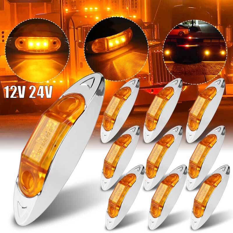 100x Amber 3 LED Side Marker Clearance Lights Chrome 12-24V for Trailer Truck RV