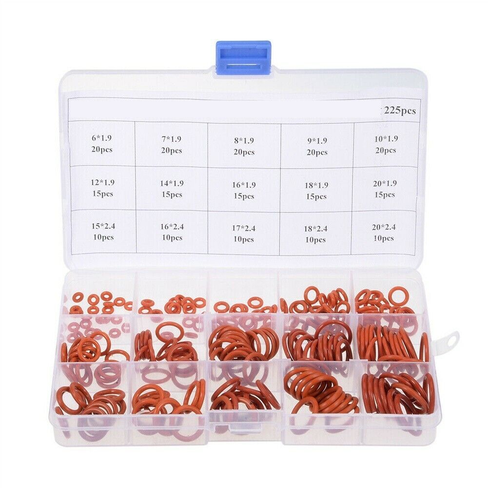 225pcs Silicone Rubber O-Ring Assortment Kit Metric VMQ Gasket Seal Red