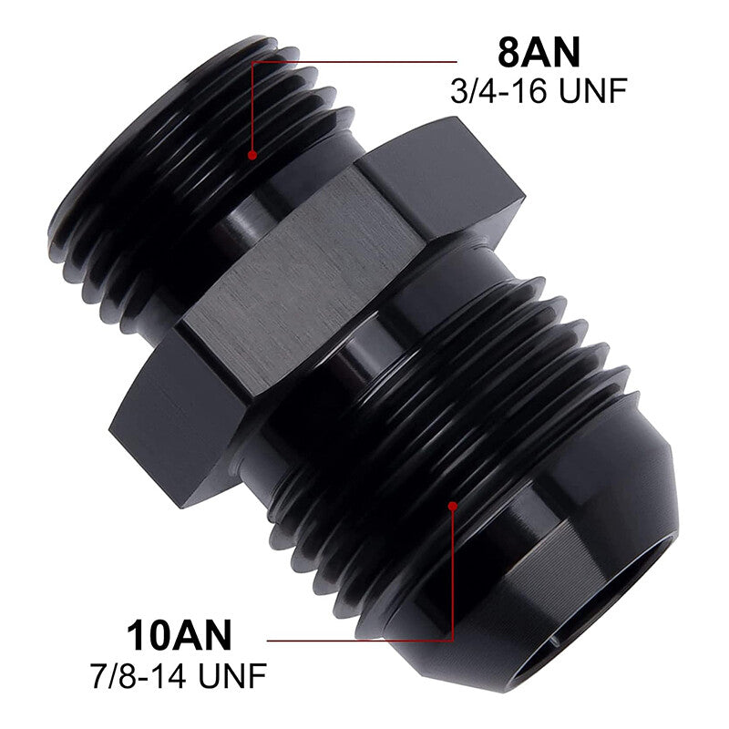 2Pcs ORB 8AN to 10AN Flare Male Fuel Rail Adapter Fitting Black Aluminum