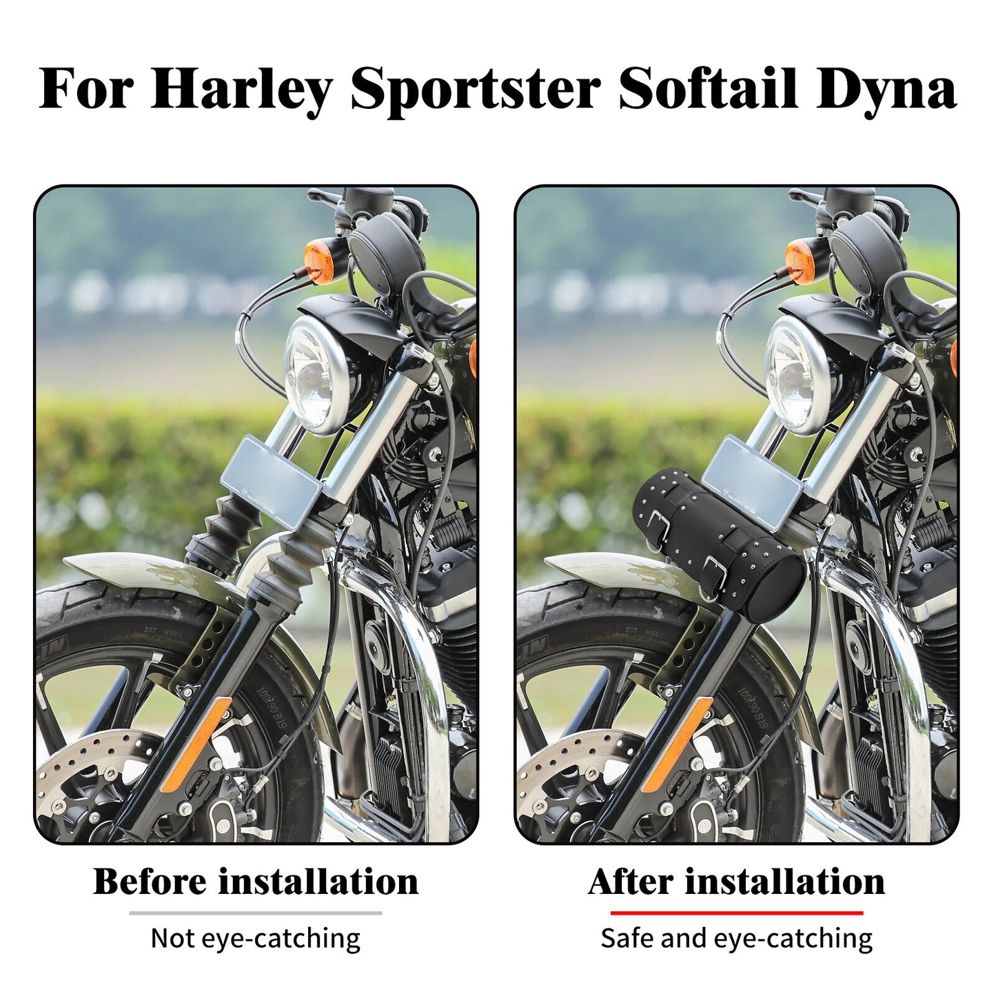 Motorcycle Black Handlebar Sissy Bar Bag Saddlebag Fork Roll Barrel Bag w/ Nails
