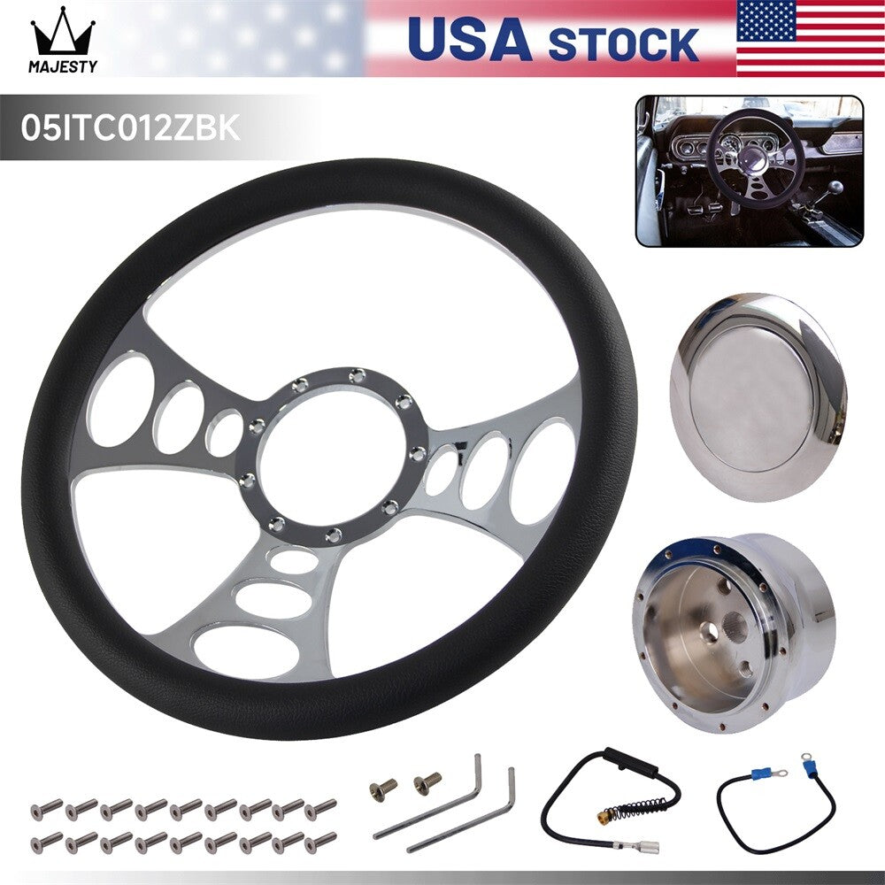 14 9-Bolt Chrome Half Wrap PVC Steering Wheel+Horn Adpter for Chevy GM for Dodge