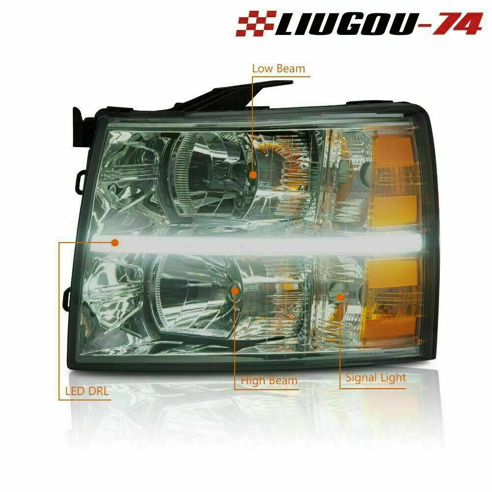 Fit For 07-14 Silverado Chrome/Smoke LED Strip DRL Signal Headlight Light Lamp