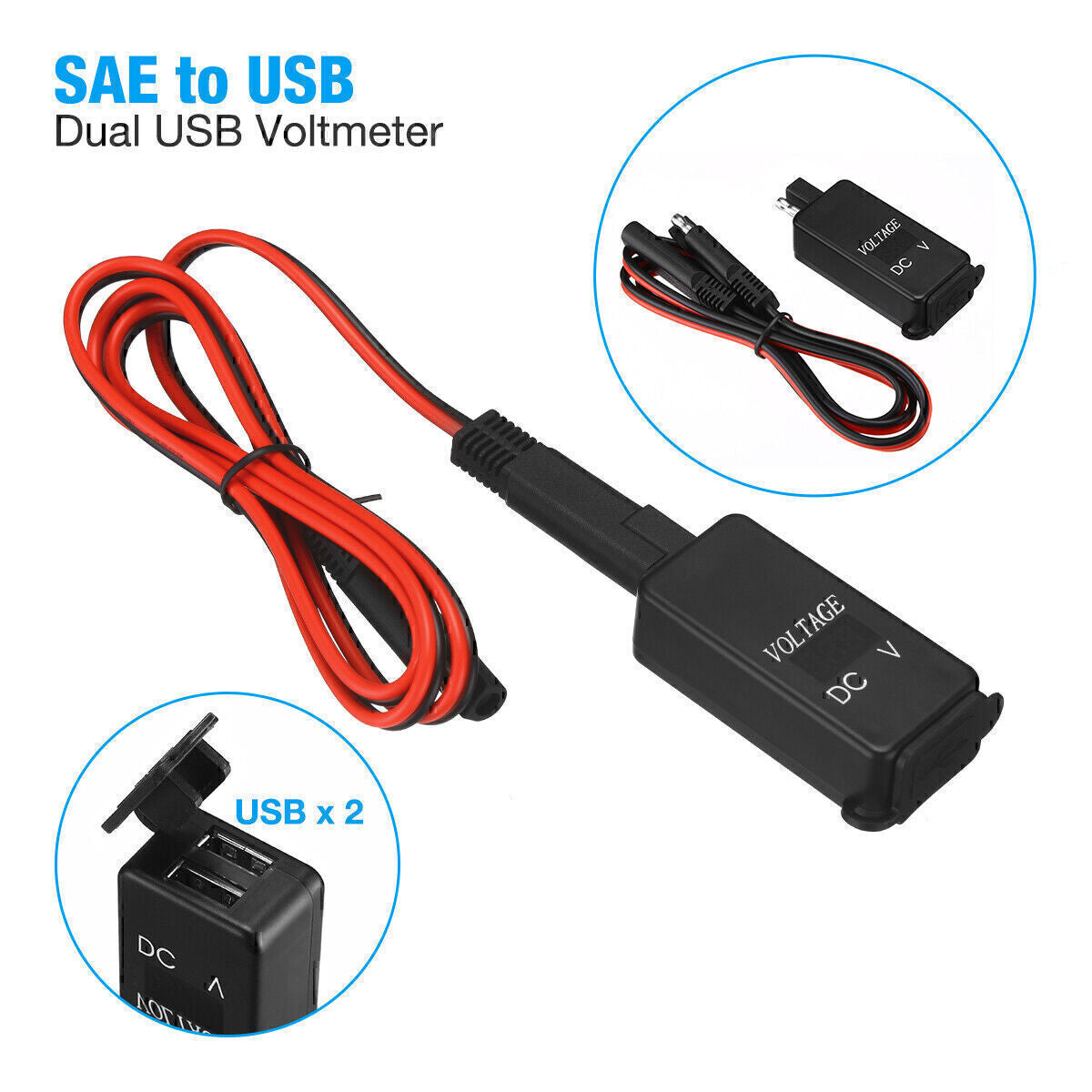 Motorcycle SAE to USB Cable Adapter Dual USB Port GPS Phone ChargerVoltmeter KY