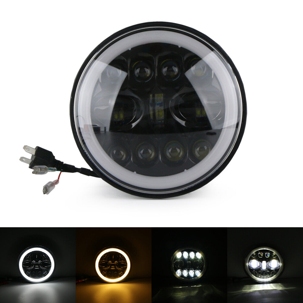 7-inch LED headlights with angel eyes (high/low) suitable for Harley-Davidson , for Honda , and for Yamaha motorcycles.