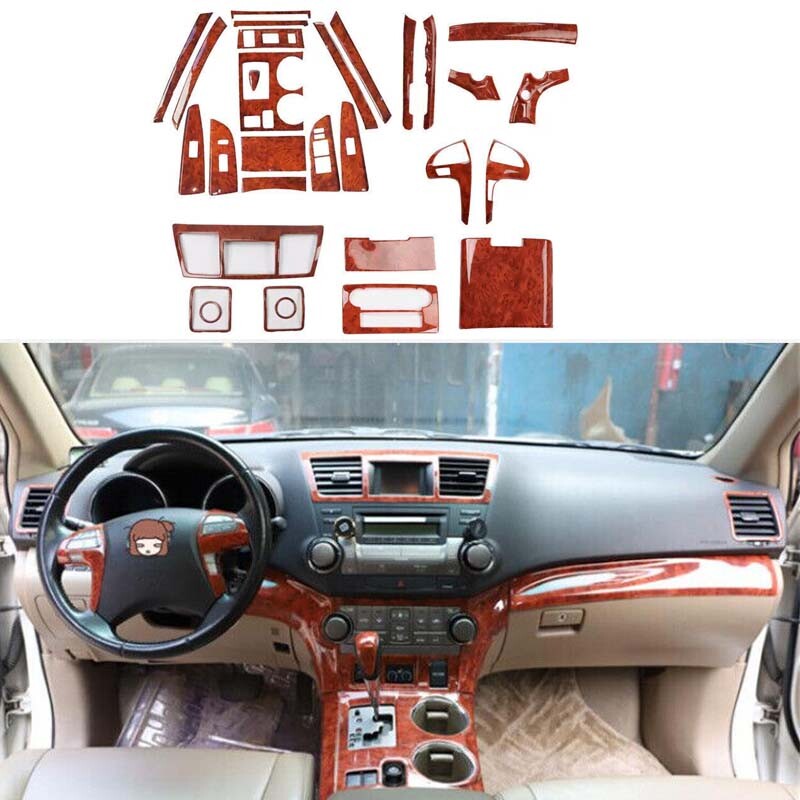Trim Interior Decor Full Set Brown Wood Grain for Toyota Highlander 2008-2013
