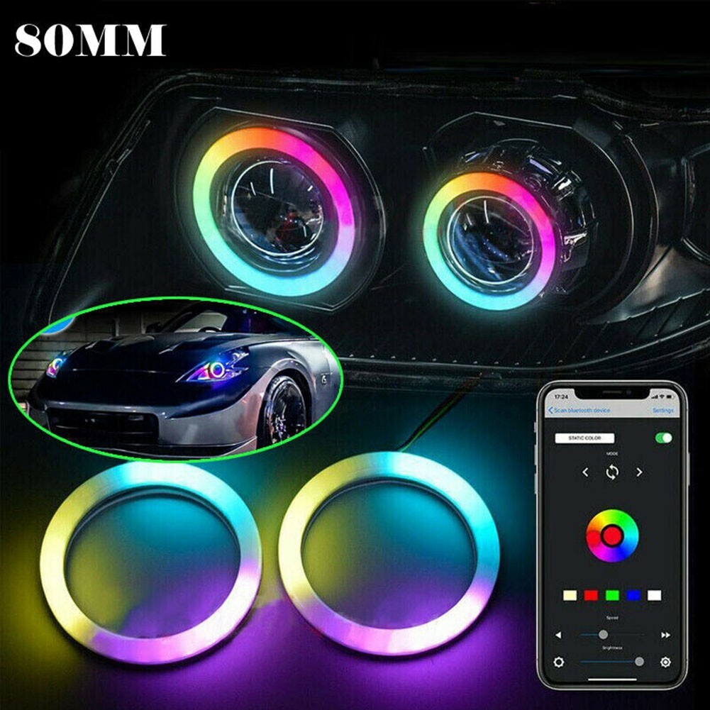 1Pair RGB 80MM LED Guide Eyes Rings for Car Headlight Retrofit