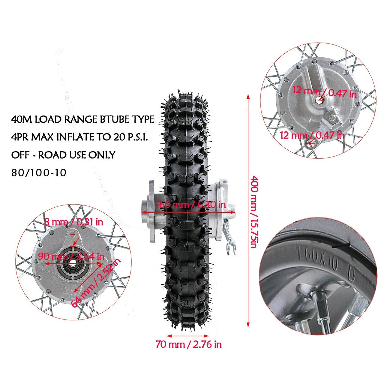 10-inch rear wheel, 80/100-10 rim, 1.6x12, suitable for Honda CRF50 XR50 SSR Dirt Pit bicycles.