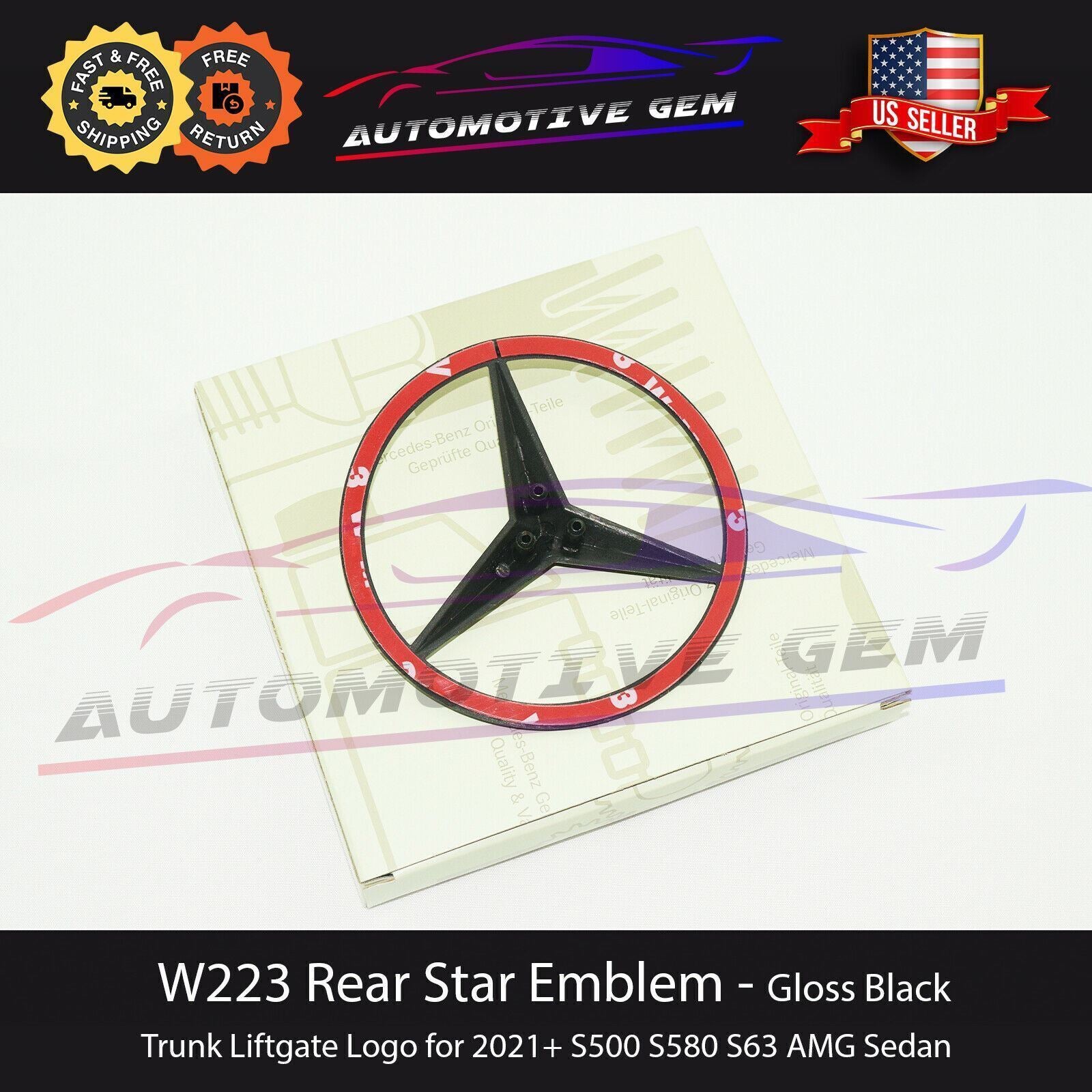 W223 S580 SEDAN AMG Trunk Star Badge, Glossy Black Rear Logo, for Mercedes S500 S63