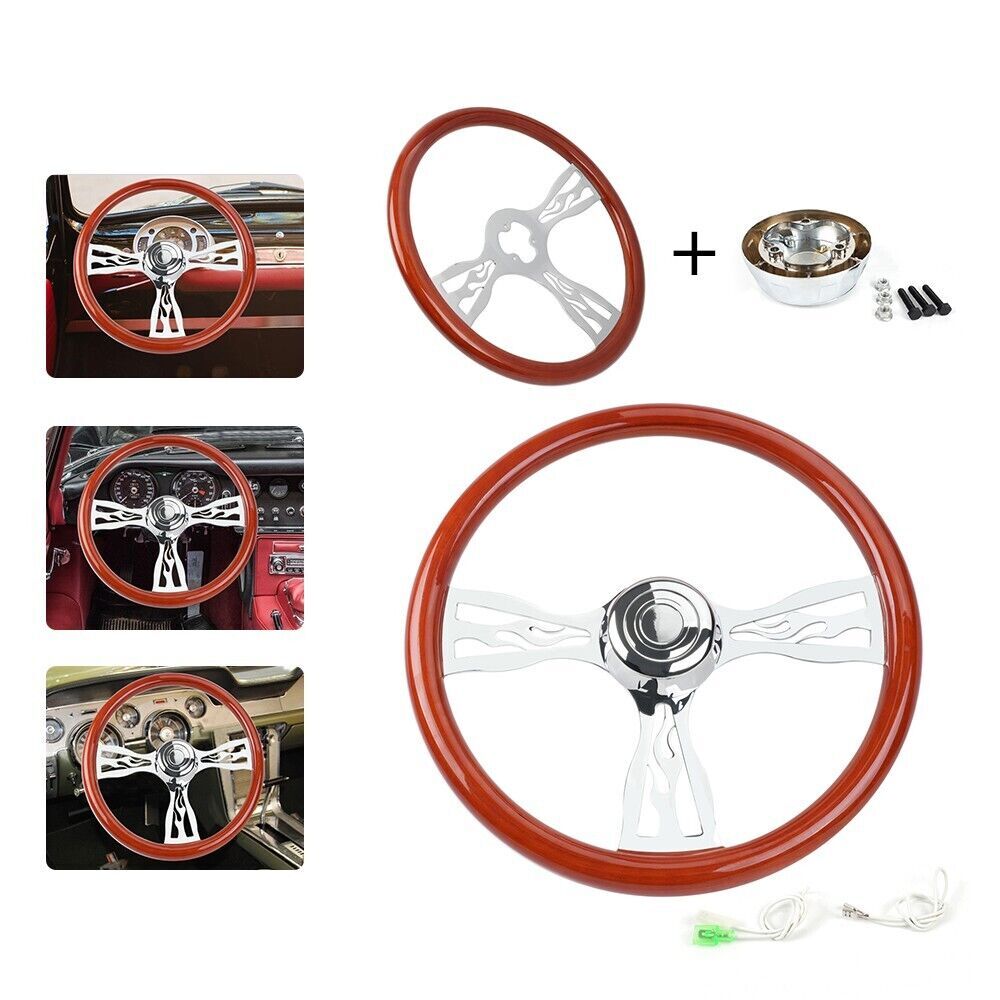 18 Wood Steering Wheel Chrome 3 Spoke For Big Rigs with Horn Button Kit
