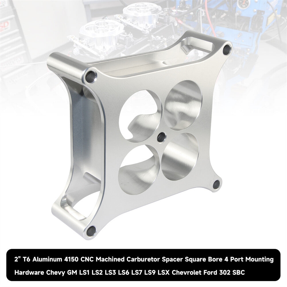 2 inch T6 Aluminum 4150 CNC Machined Carburetor Spacer Square Bore 4 Port Silver