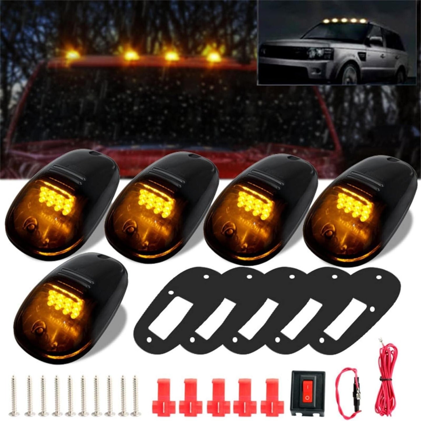 5PCs For Truck SUV White/Amber Smoked Lens LED Cab Roof Marker Running Lights
