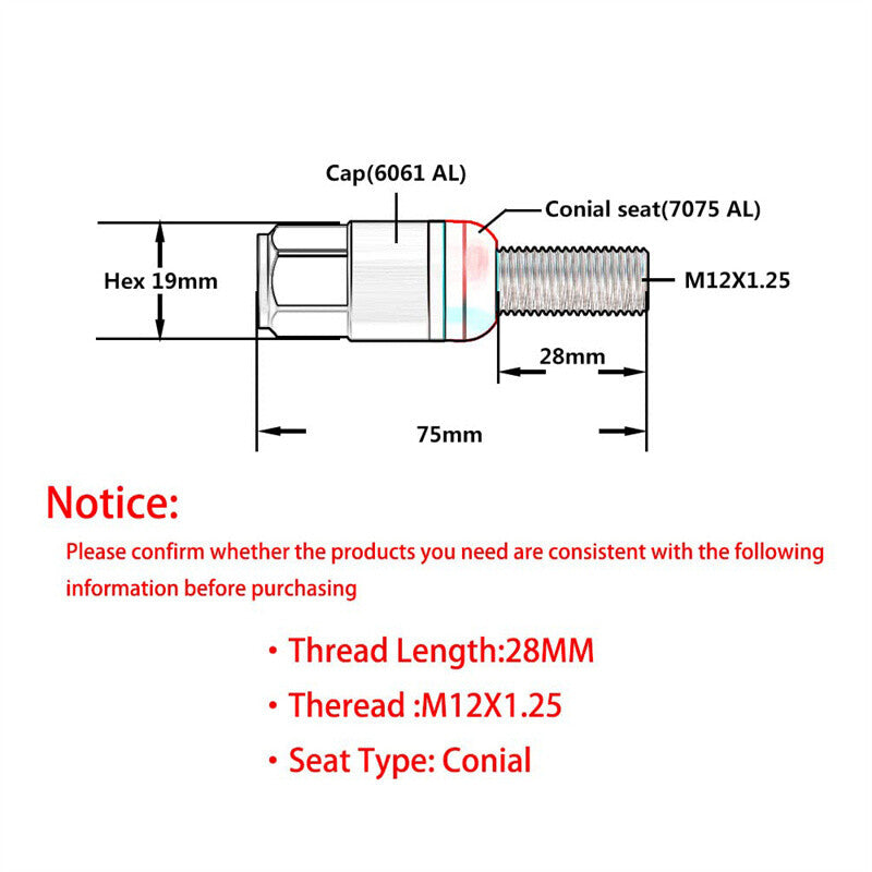 20PCS M12x1.25 Wheel Lug Bolt 28mm Shank Cone for Seat Stud for Jeep for Chrysler