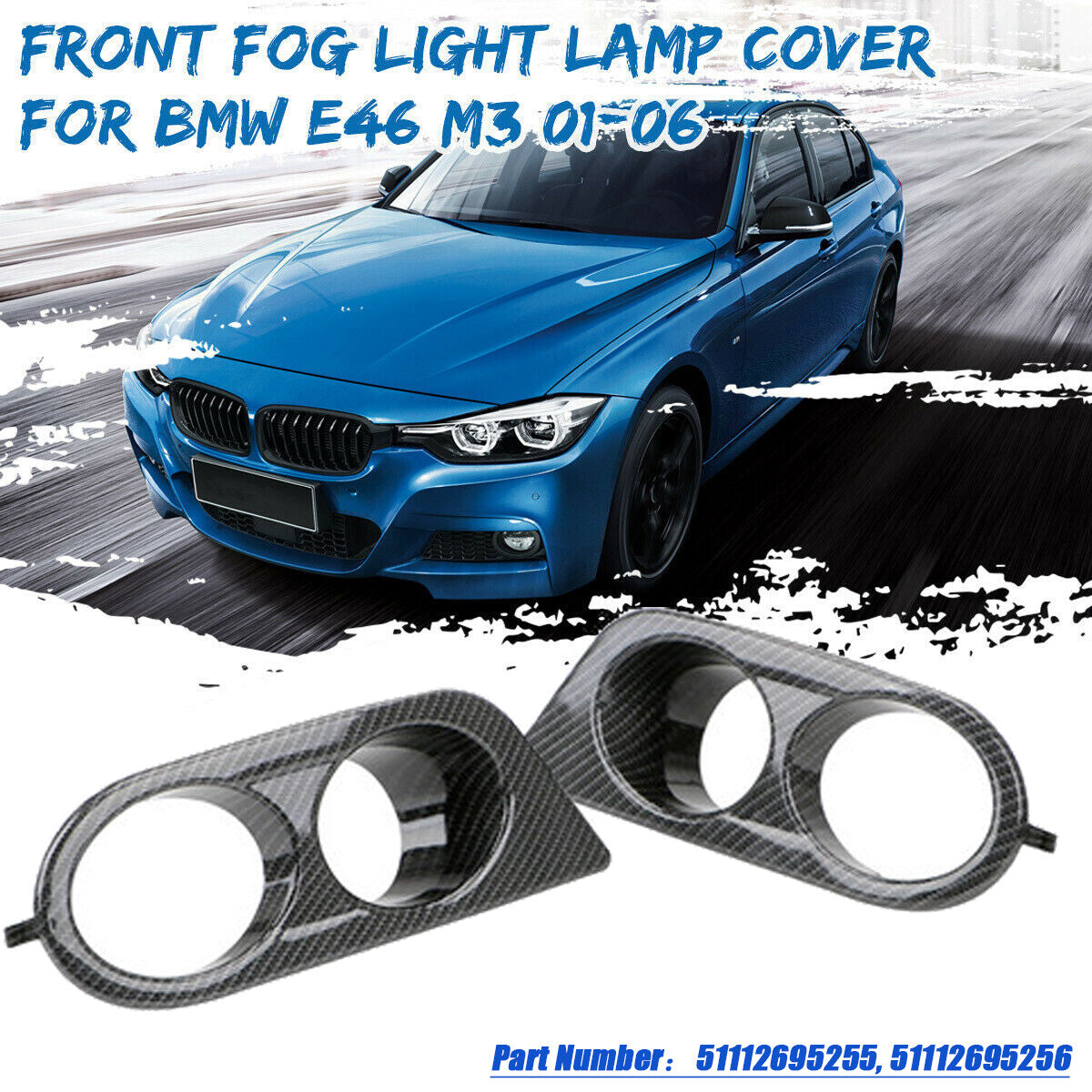 Fog light cover grille in charred carbon fiber color suitable for BMW E46 M3 2001-2006 2-door