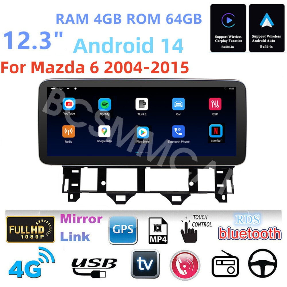 For Apple CarPlay 12.3 Car Stereo Touch Screen Radio Fit for Mazda 6 2004-2015