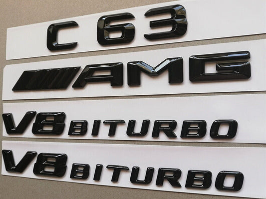 1Set GLOSS BLACK for MERCEDES C CLASS C63 AMG REAR BADGES  V8 BITURBO EMBLEMS