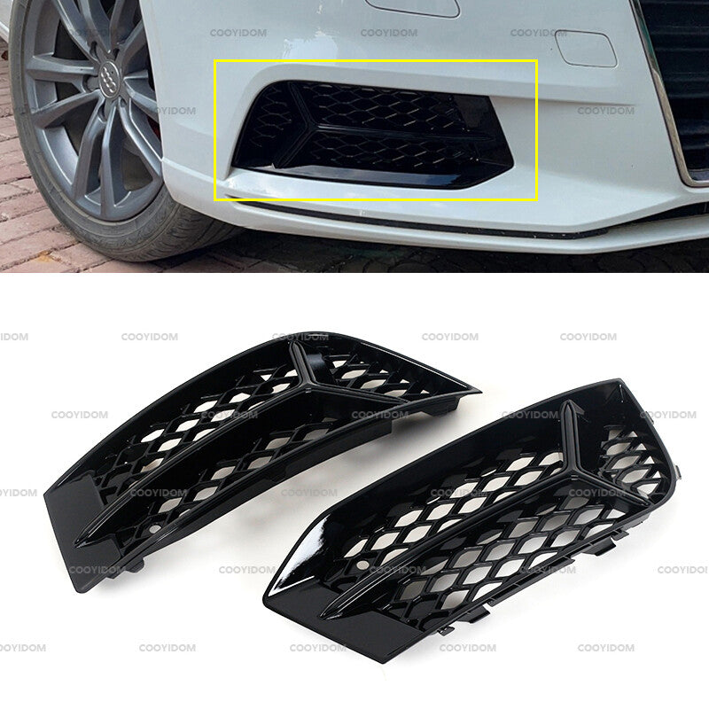 pair of fog light frames with honeycomb fog light frames in glossy black for Audi A3 2017-2020.
