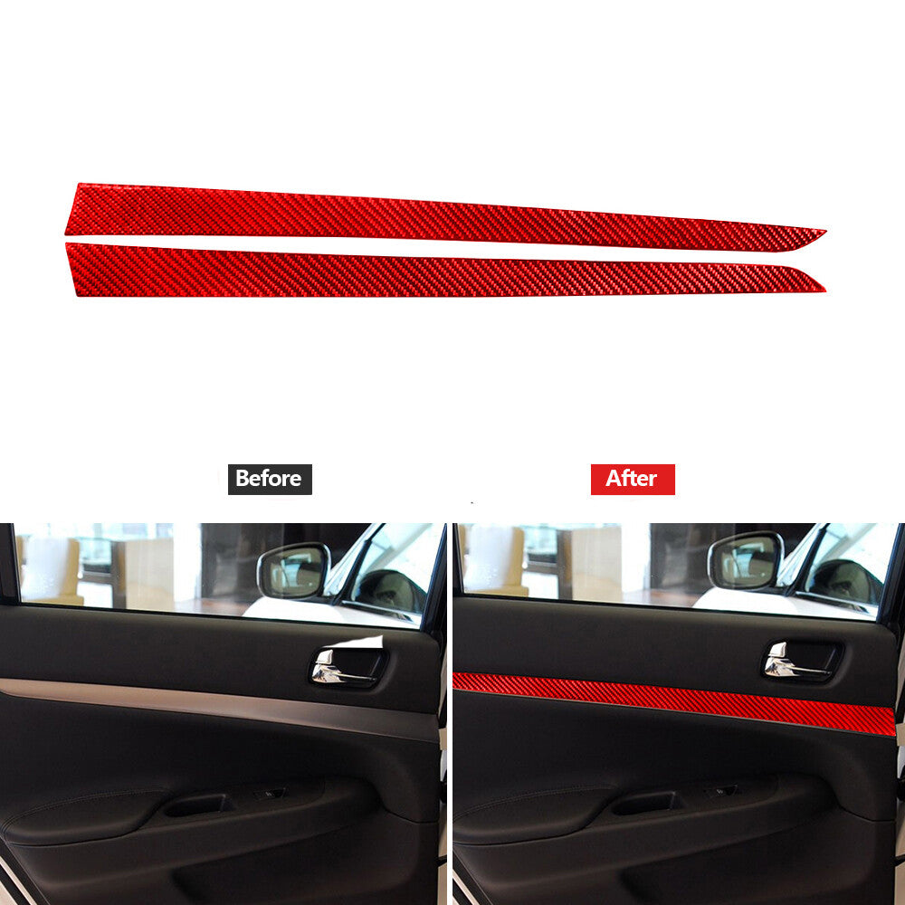 Two-pack of red carbon fiber interior rear door panel trim for Infiniti G37 10-13