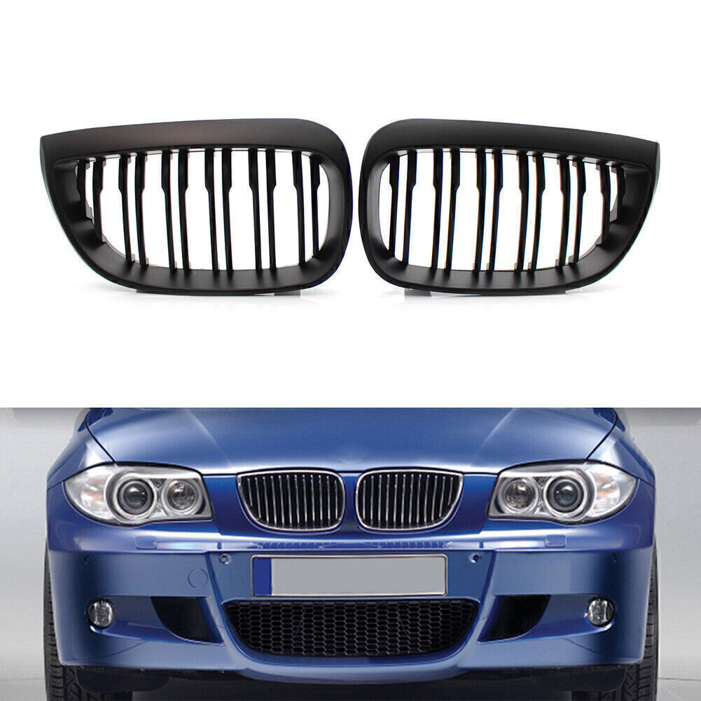 2PCS Double Slat Front Kidney Grille Matte Black for BMW E87 1-Series 2004-2007