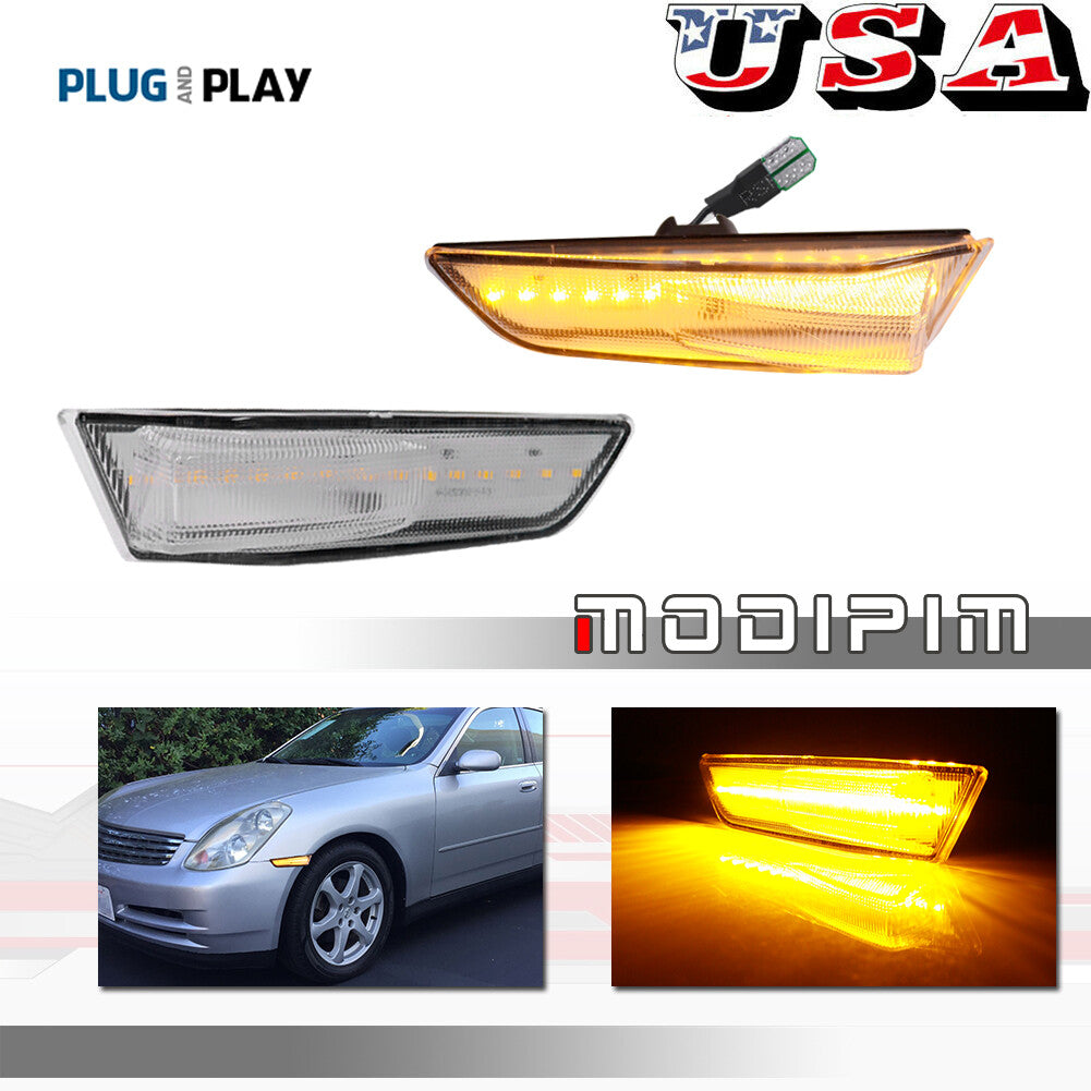 Two transparent front fender side marker lights with amber LEDs for 03-07 for Infiniti G35 Coupe.