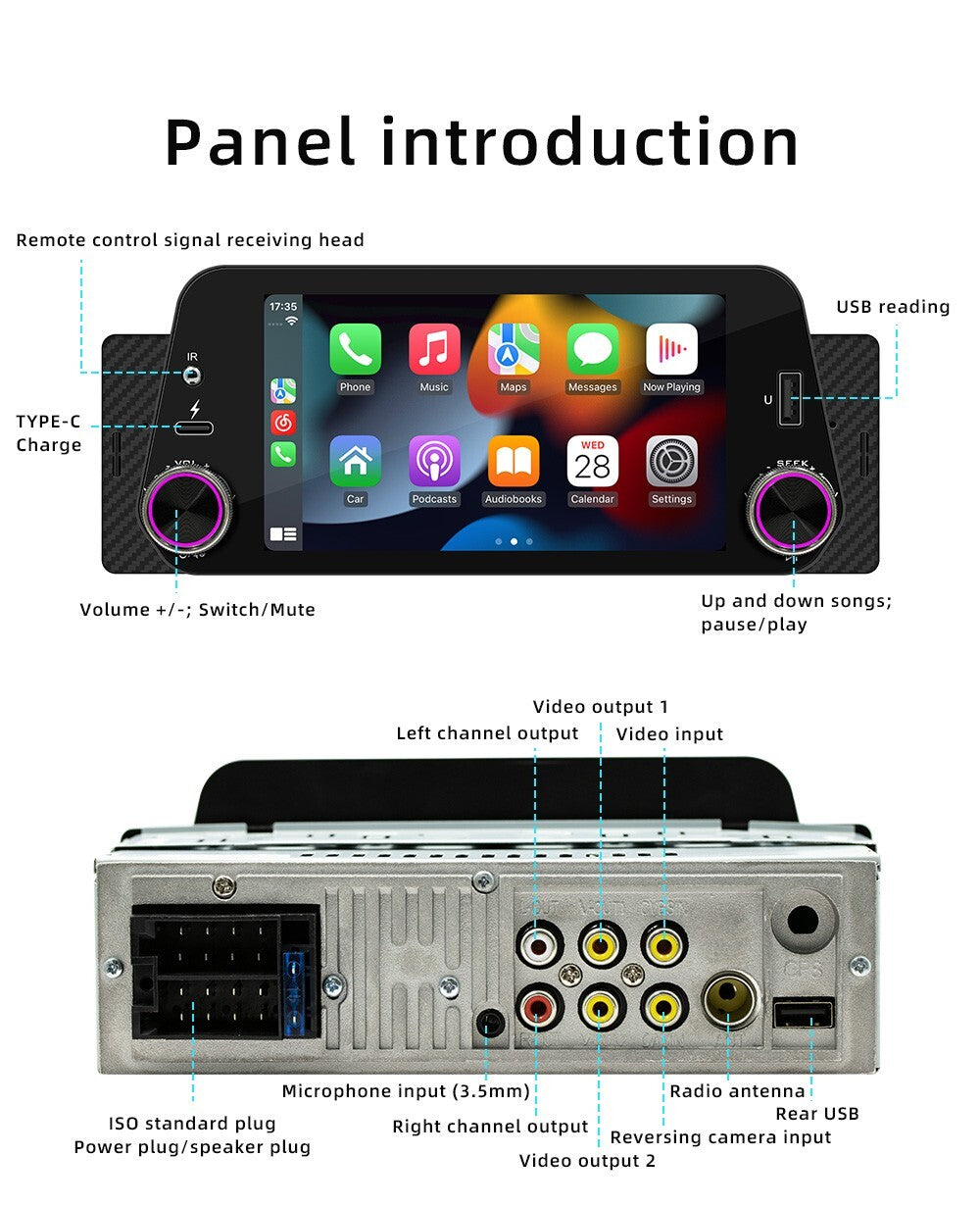 1 Din Radio Bluetooth Car Stereo MP5 Player For Apple CarPlay Android Auto USB