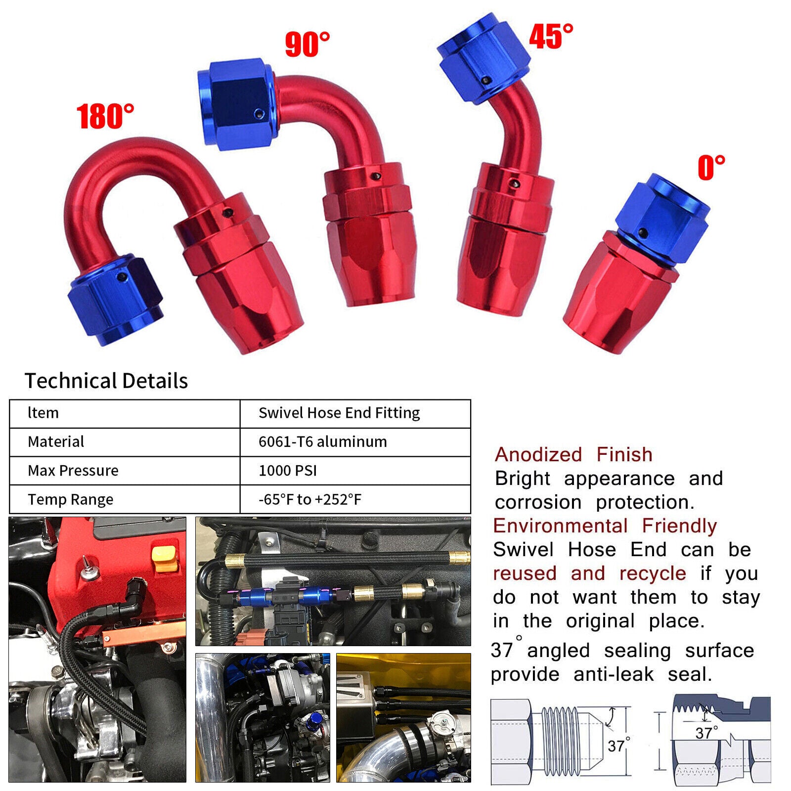 8AN 90-degree swivel hose end fitting for braided CPE fuel hoses, blue + red