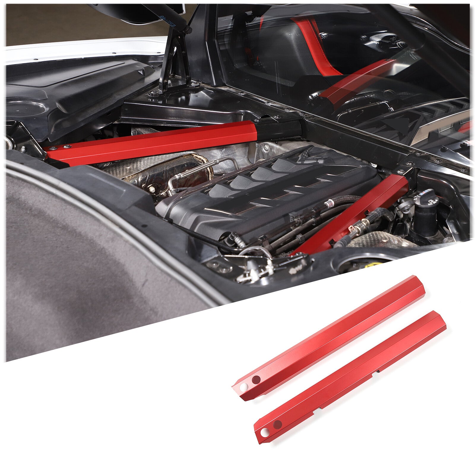 Aluminum red engine crossbar dress panel trim for Corvette C8 2020 - 2023 2 pieces