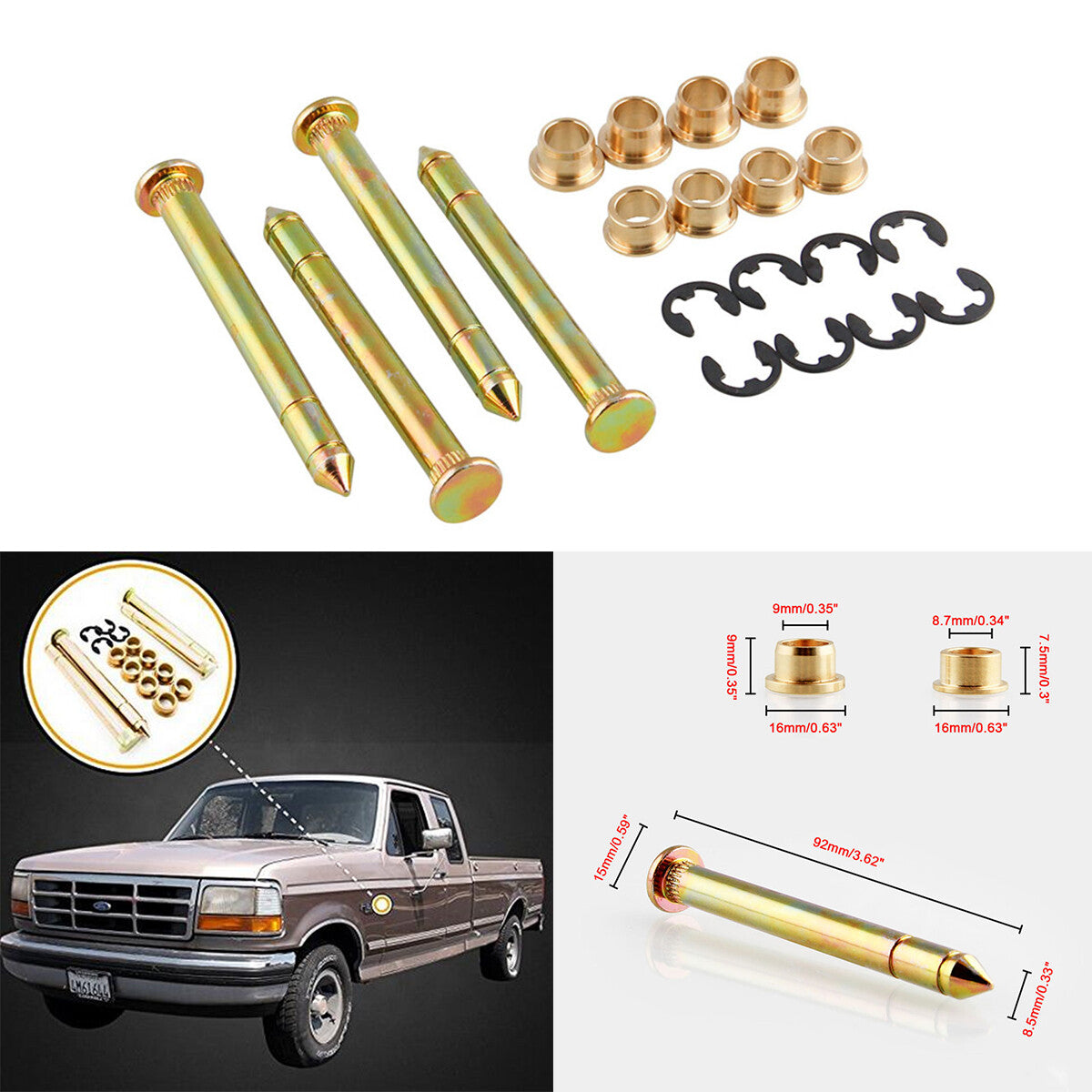 Zinc Plated Steel Car Door Hinges Pin Door Bushings E-ring Clips Repair Kit
