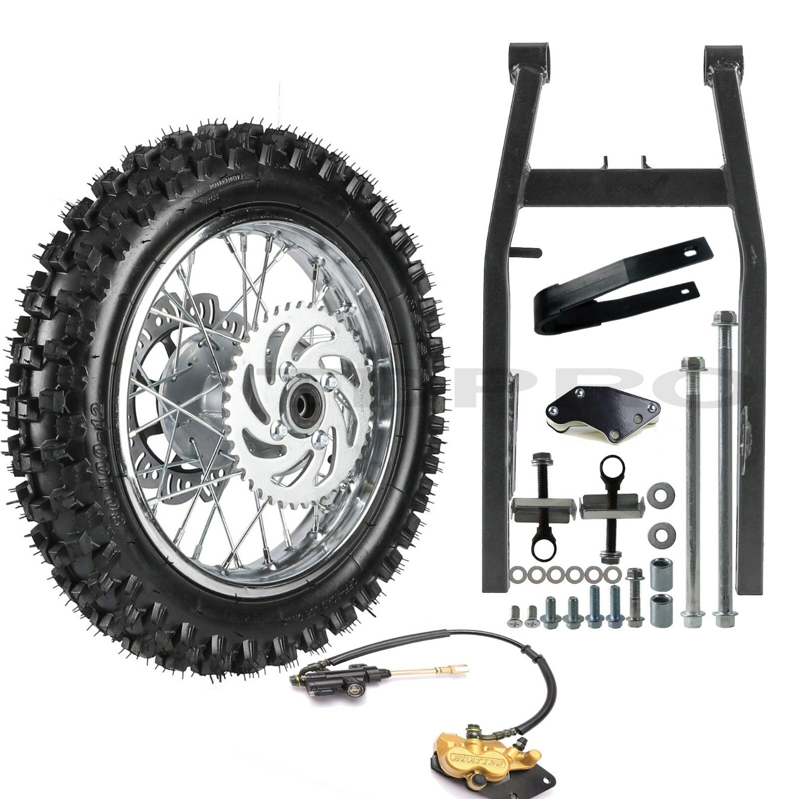 12-inch rear wheel, 80/100-12 tire, rim assembly + swingarm, dirt pit bike, CRF50 XR70