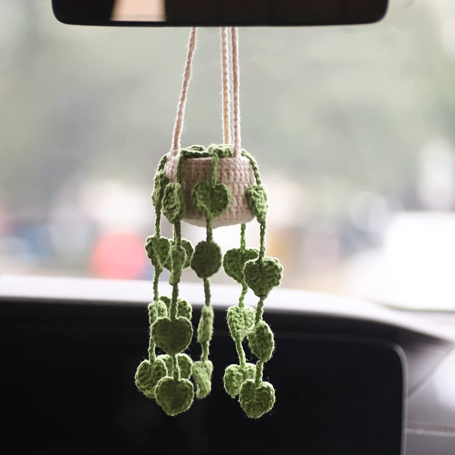 1Car Plant Crochet Hanging Basket Cute Rearview Mirror Hanging Ornament Decor