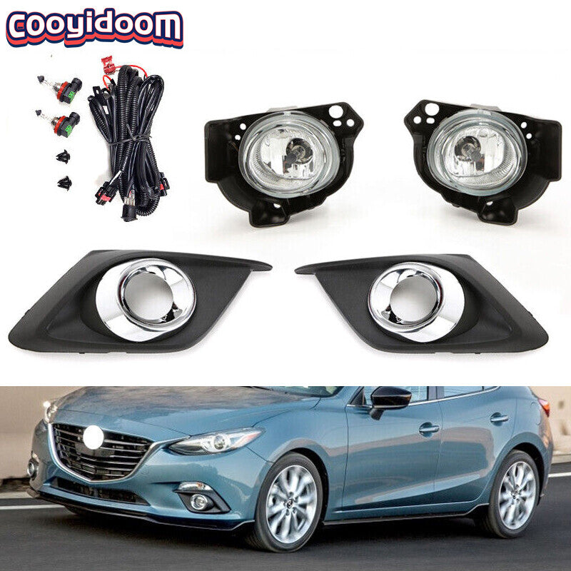 Pair Clear Lens Fog Driving Light Set w/Bezel Wires Switch 2014-2016 for Mazda 3